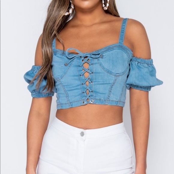 Parisian Denim Corset Cold Shoulder Bustier top - Picture 9 of 17